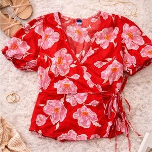 Old Navy Red Pink Floral Wrap Blouse Medium